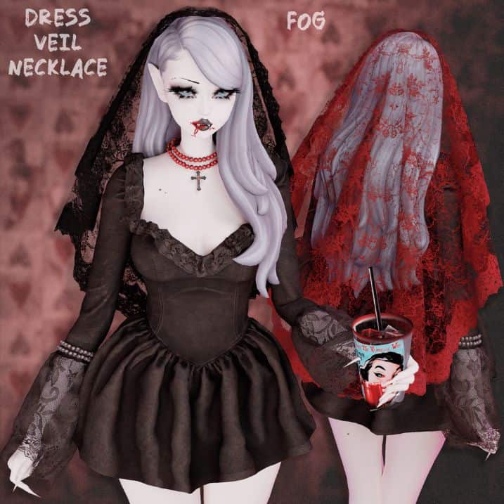 9 Fog Dress, veil, and Necklace